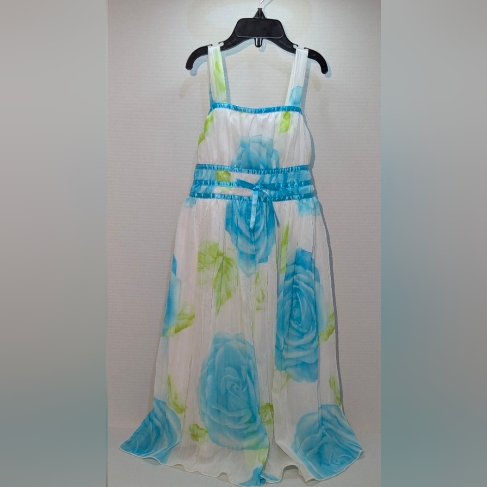 SZ 7 Girls Emily West Turquoise & Green Floral Pleated Dress With Bow